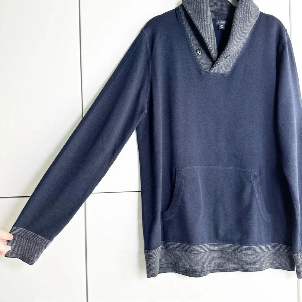 J. Crew Mens Shawl Collar Sweater Navy Gray Trim Medium Cotton Old Money Preppy
